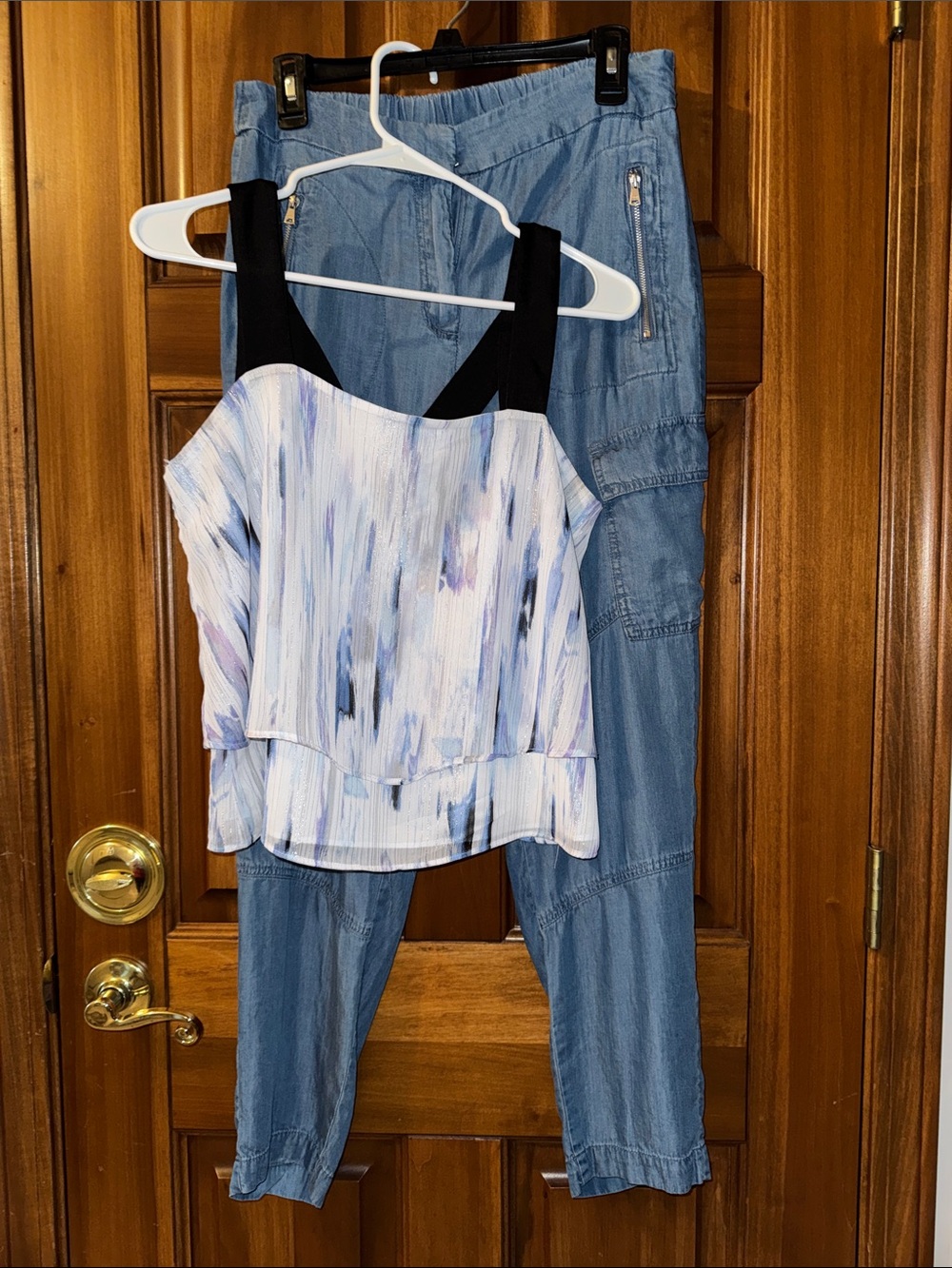 DKNY Blue, White & Black Sleeveless Layered Blouse & DKNY Pants - Blue